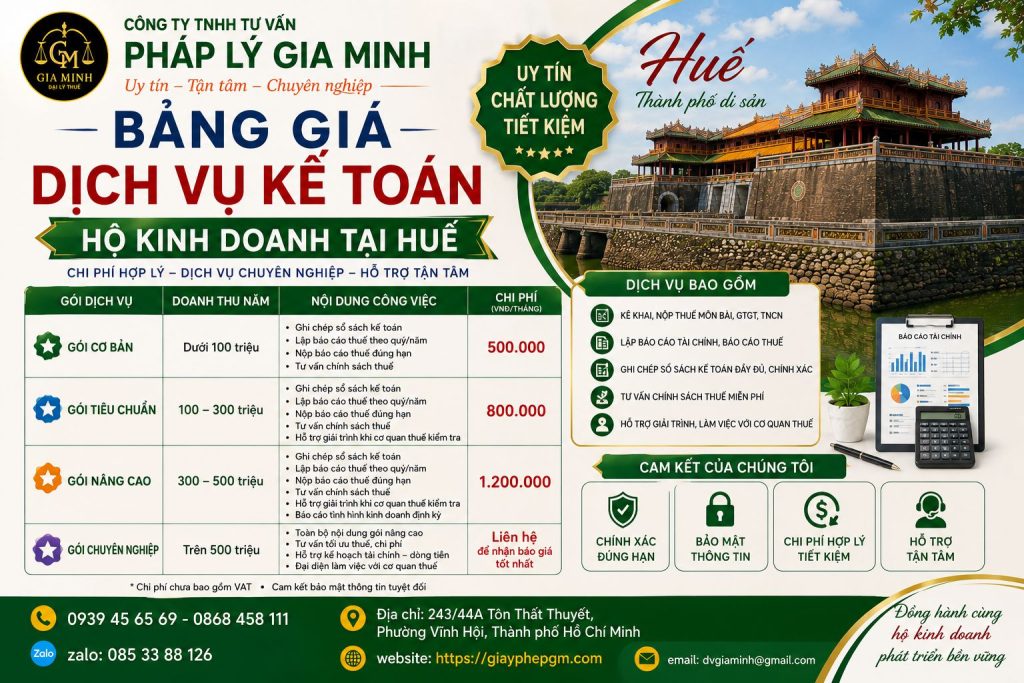 Bảng giá dịch vụ kế toán hộ kinh doanh tại Huế